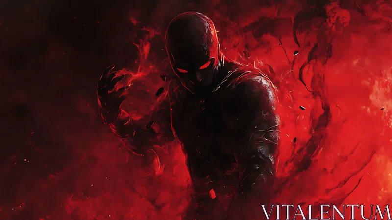 Digital painting of shadowed red-cloaked antihero in infernal field.