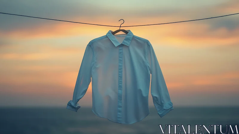 Minimalist Blue Shirt Hanging on Wire Against Golden Sunset.