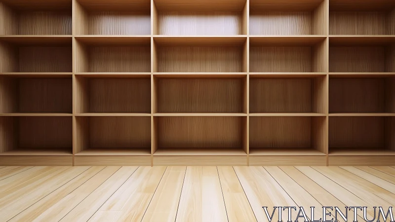 Orderly wooden shelves awaiting stories and beautiful clutter.