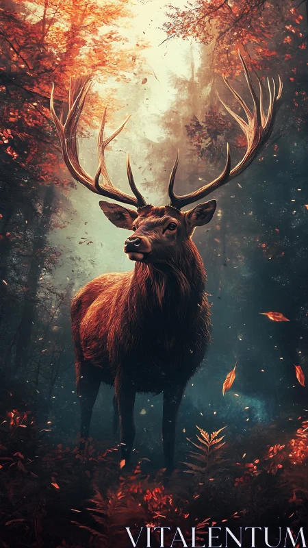 Majestic stag pauses in a glowing autumn forest sanctuary