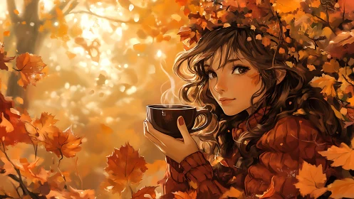 Autumn forest portrait of woman holding steaming cup of tea.