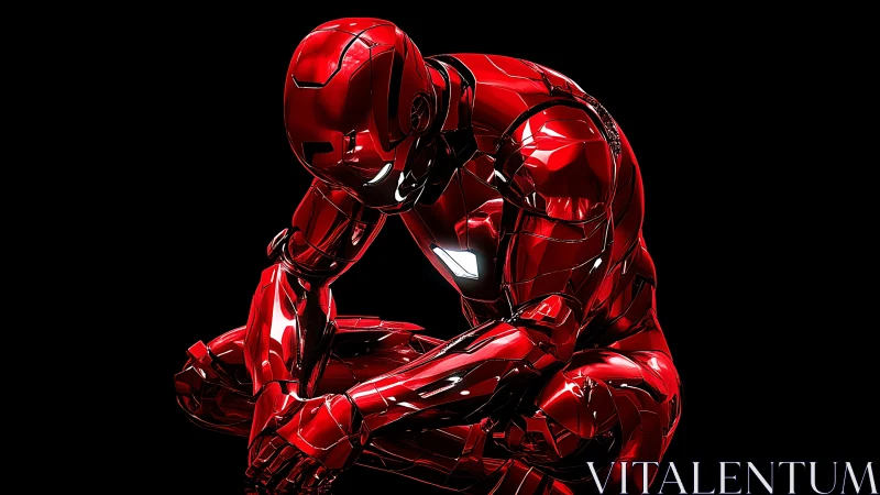 Red armored android rests in reflective isolation.