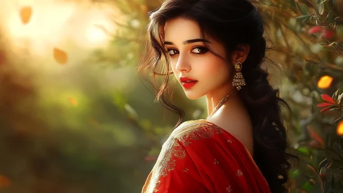 Elegant woman in red sari glows in warm golden sunlight