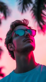 Neon twilight crowns a reflective dreamer in mirrored blues