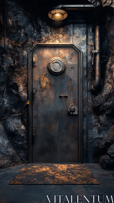 Reinforced metal bunker door in dim industrial hallway.