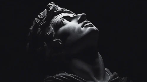 Marble bust in profile with upward gaze against dark void.