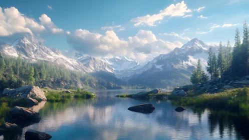 Snowcapped alpine peaks mirrored in tranquil mountain lake.