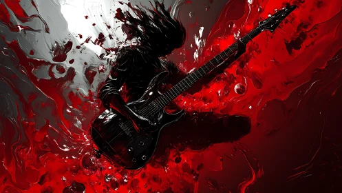 Digital metal guitarist shredding through red paint storm.