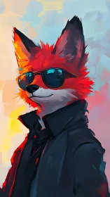 Cool anthropomorphic fox in sunglasses and dark coat.