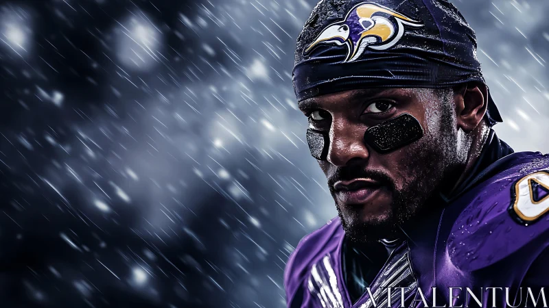American football player in purple uniform under rainstorm.
