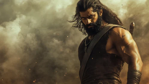 Warrior stands amid swirling smoke, muscles tense in resolve.