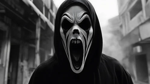 Howling reaper mask stalking a fog-choked ruin street.