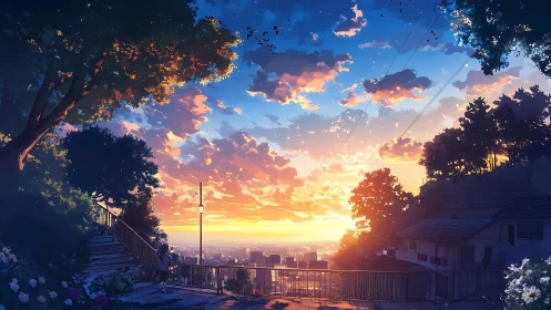 Anime hillside overlook captures luminous city sunset panorama