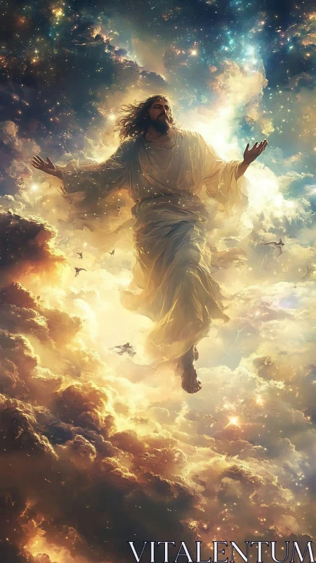 Radiant robed figure ascends through luminous cosmic clouds.