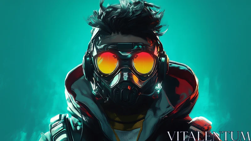 Futuristic character in reflective visor mask and jacket.
