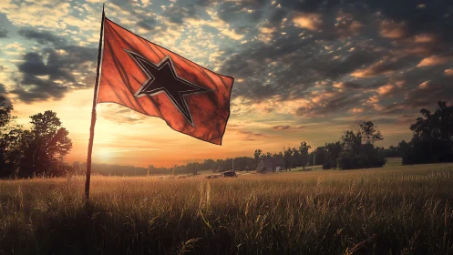 Red battle flag with black star over sunlit rural field.