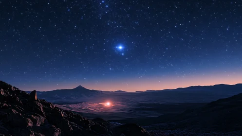 Star-filled sky over mountainous desert at twilight glow