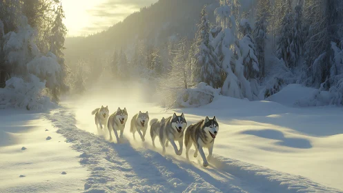 Sunlit huskies racing through a sparkling winter forest trail.
