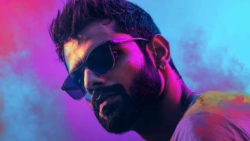 Bearded man in sunglasses under neon pink and blue light.