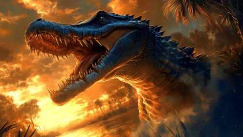 Large prehistoric reptile head in swamp at sunset view.