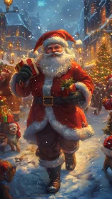 Santa strides through snowlit festive street with gifts.