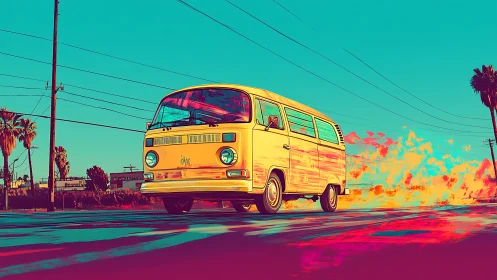 Retro van accelerates through neon-graded urban boulevard haze