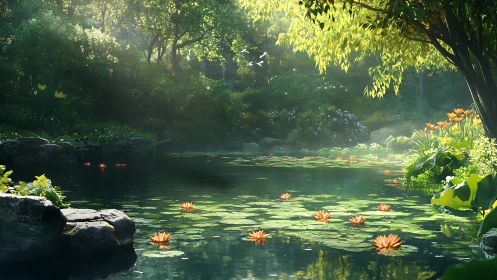 Sunlit lily pond reflects dense forest garden stillness.