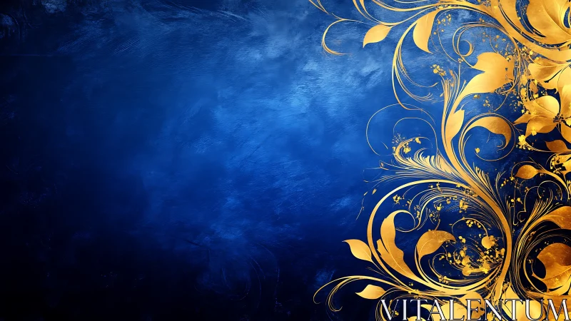 Ornate golden floral scrollwork shimmers on deep textured blue