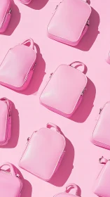 Pink mini backpacks form bold monochrome fashion grid.