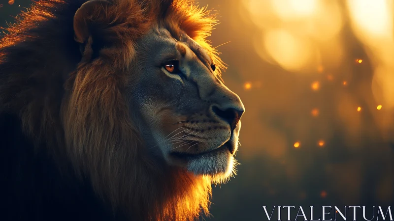 Emberlit lion monarch watching the quiet golden horizon.