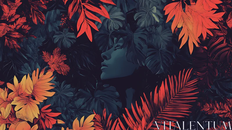 Midnight jungle muse resting beneath ember bright leaves.
