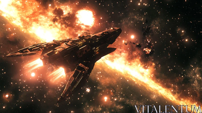 Star cruiser glides through glowing nebula on bold journey