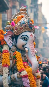 Ganesh idol glows amid vibrant marigold garlands in procession.