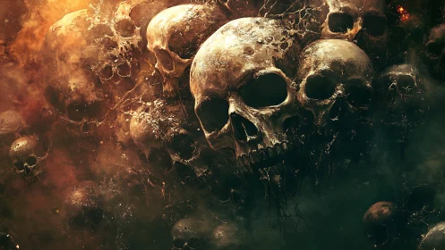 Clustered human skulls in dense atmospheric digital art.