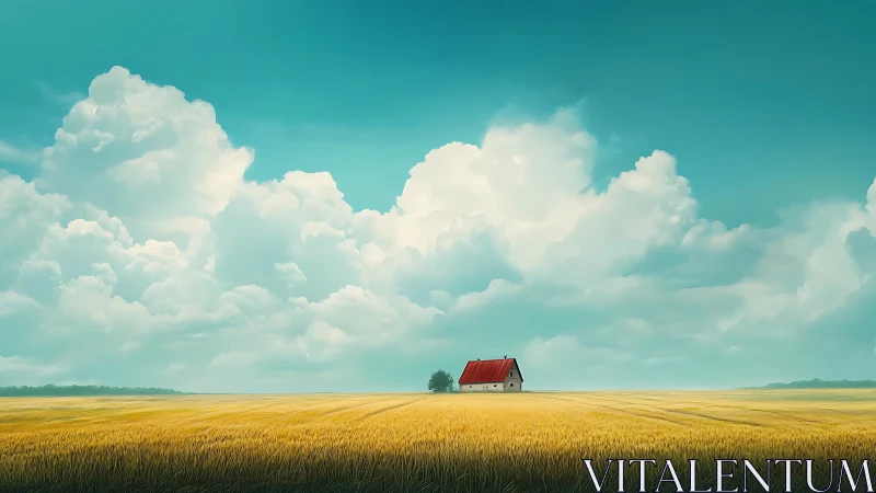 Solitary farmhouse under towering clouds above wheat plain.