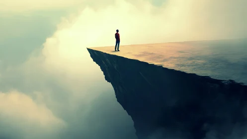 Solitary figure studies horizon from misty cliff edge.