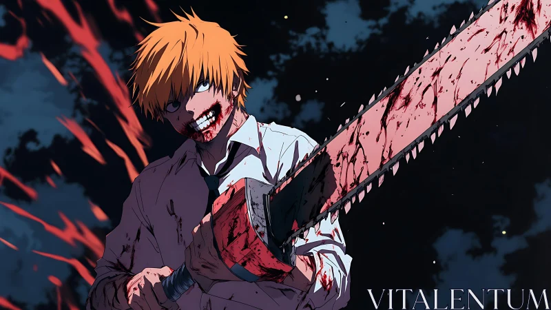 Bloodied chainsaw wielder rendered in dynamic anime detail