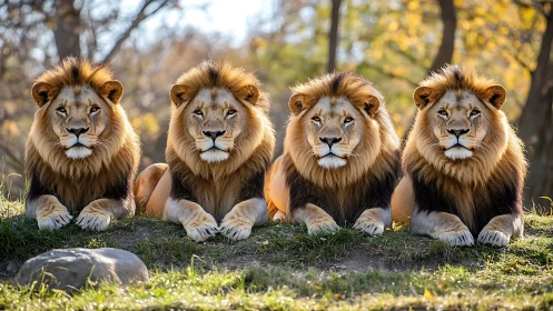 Four male lions resting on grass with autumn foliage in background