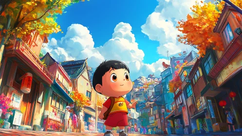 Curious child explores a bright autumn city street scene.