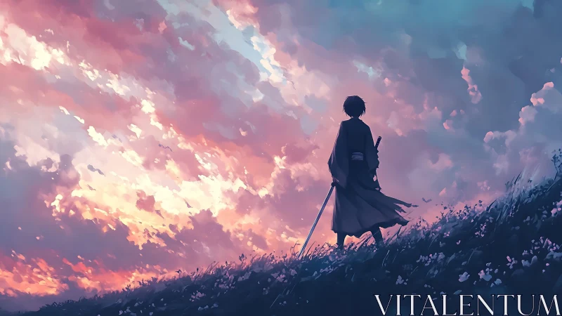 Lone swordsman on hillside under vivid sunset sky.
