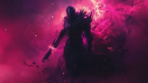 Voidshrouded gunner emerging through neon magenta storm.