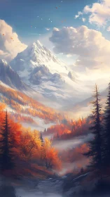 Golden autumn valley beneath a towering snowy peak.