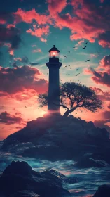 Storm-kissed lighthouse crowned by neon dusk and restless birds.