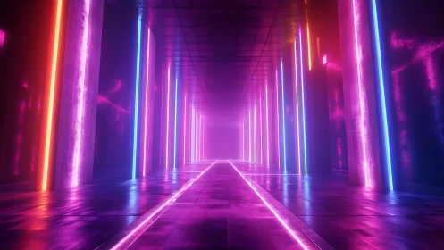 Neon tunnel corridor with symmetrical chromatic light diffusion.