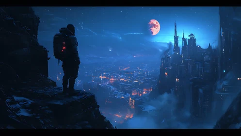 Solitary explorer overlooking neon-lit dystopian megacity at dusk
