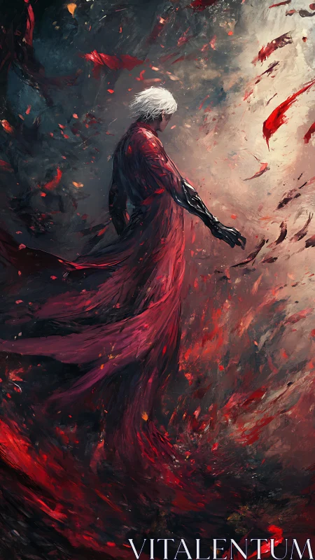 Solitary white-haired figure dissolves into swirling crimson vortex