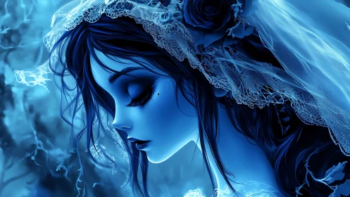 Melancholic blue bride gazes downward in spectral light