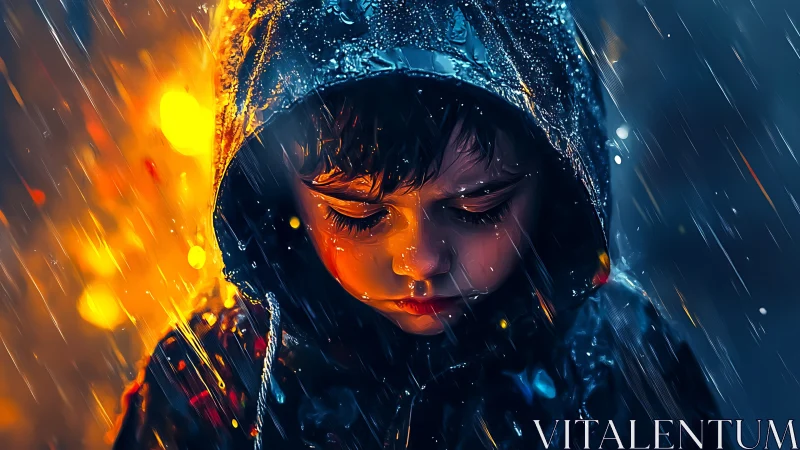 Rainlit child in hooded coat under blazing bokeh storm.