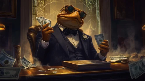 Wealthy toad banker counts cash under warm lamplight