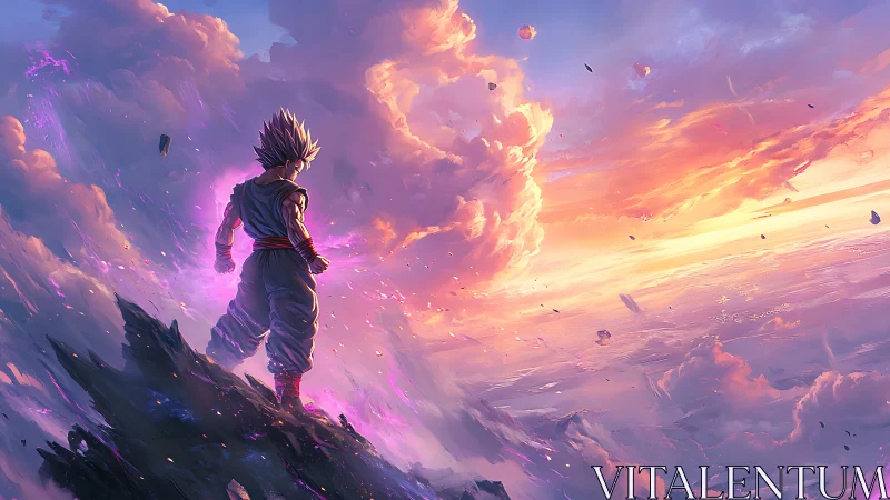 Saiyan warrior surveys a radiant, storm-lit sky at dusk.